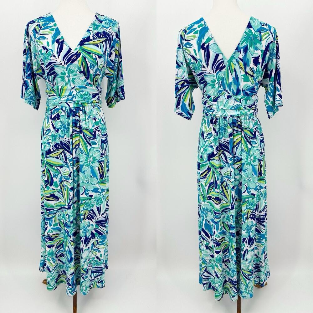 Cappagallo Tropical Floral Maxi Dress S Blue Green Stretch Resort Vacation Soft
